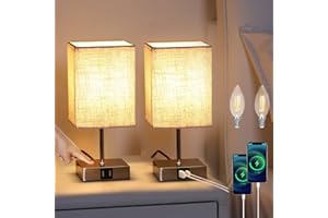 Lightess 2 Piezas Lámpara de Mesa Táctil Control Lámpara Mesita de Noche LED Regulable Beige Pantalla de Tela Lámpara Sobremesa 2 Puertos USB para Dormitorio, Habitación de Bebé, Incluye Bombillas
