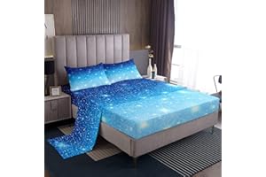 LOUSSIESD Blue Galaxy - Set di biancheria da letto per ragazzi e ragazze, con glitter pastello, stelle scintillanti, lenzuolo con angoli, 1 lenzuolo piano per letto matrimoniale