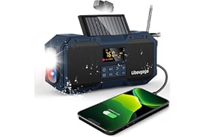 LIBOVGOGO Portable Outdoor Wind Up Emergency Radio,IPX5 Waterproof Bluetooth Speaker with EQ, Auto Scan FM/AM Crank Solar Radio with 4000mAh Powerbank,Strobe Light & Flashlight,Reading Light,SOS,Camping Radio