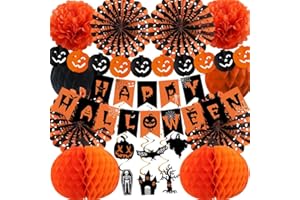Fabuloustrim Halloween Decoration Set with Happy Halloween Banner, Paper Fans, Hanging Swirls, Pumpkin Garland, Honeycomb Balls for Indoor Home, Classroom, Office Party Decor