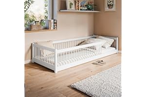 Kids Collective Letto a pavimento, 90 x 200 cm, con protezione anti-caduta e rete a doghe Montessori, letto singolo, in legno di pino massiccio, per bambini e bambine, colore: bianco