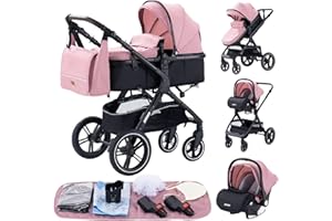 YAZOCO carrito bebe 3 en 1 Cochecito de Bebé Combinado Compacto Todoterreno Lujoso Paisaje Alto Cuatro Veces 0-36 Kg Sillas de paseo BastóN Plegable Accesorios CóModos (1 Rosa)