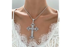 Wendalern Gothic Silver Cross Necklace Large Engraved Flower Cross Necklace Vintage Religious Cross Pendant Necklace Italian Box Link Chain Necklace Jewelry for Women Men
