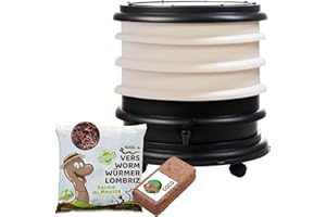 WORMbox | Lombricomposteur 3 Plateaux Ivoire + 500gr de vers de Compost + 1 Bloc Coco | 48 litres | Compostez Vos déchets organiques, Les vers de Terre/lombrics produisent du lombricompost