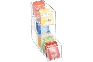 mDesign Kitchen Organiser with 3 Drawers – Storage Box for Tea Bags, Coffee Capsules, Sweeteners and More – Plastic Tea Chest – Clear