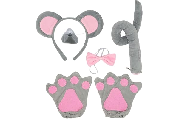 SKHAOVS 5 delar musmatta set, mus näsa svans handskar rosa fluga öron pannband set, djurkostym set, för vuxna barn cosplay barn födelsedag fest maskerader halloween