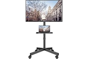 BONTEC Mobile TV Stand on Wheels, Rolling TV Cart with Media Shelf, TV Mount Stand with Tilt, 2-Level Height Adjustable Low-Profile Design for 23–60in LED/LCD/OLED TVs, Holds 25kg, Max VESA 400x400mm