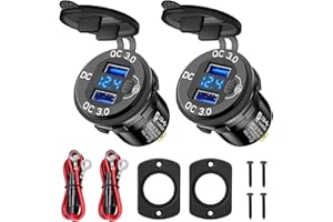 Linkstyle USB Cargador de Coche, Doble QC3.0 Cargador USB Toma de Corriente con LED Voltímetro para 12V/24V Vehículos, 2Pcs Azul