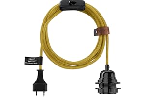Hoopzi - Fil électrique en Tissu de 4,5M pour Éclairer Partout Chez Vous - Douille Ampoule E27 avec Interrupteur - Créez Votre Suspension Luminaire, Baladeuse, Lampe Suspendue - Bala Lin Moutarde