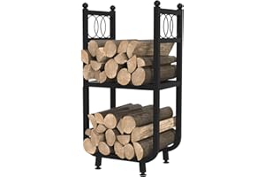 VyGrow Log Store for Indoor Outdoor, 2-Tier Log Store with 3 Hanging Hooks, Heavy Duty Wood Rack for Fireplace, Outdoor Patio, Fire Pit, Black