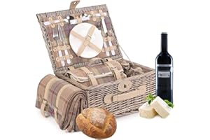 Traditional Picnic Hamper for 2 with Lavender Tweed Blanket - Fitted Deluxe Wicker Picnic Basket with Lid with Chiller Compartment - 2 Person Picnic Set with Accessories by Wrenbury
