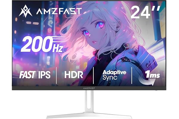 Amzfast 24 Pouces Ecran PC Gamer- 200Hz, FHD 1920x1080, Fast IPS Écran, 1ms MPRT, 80% DCI-P3, 110% sRGB, Anti-Lumière Bleue, HDR, Adaptive Sync, VESA 75x75, HDMI 2.0/DP 1.4, Blanc - AMZG24X1W