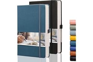 EMSHOI Thick Lined Journal Notebook, A5 Hardcover Leather Journal with 384 Numbered Pages for Writing,100gsm Lined Paper, for Women Men Work Office School,14.5 x 21cm - Black LightBlue