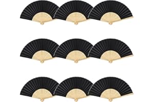 HILEYU 9 sztuk, składane wachlarze ręczne, orientalne wachlarze materiałowe, do dekoracji ścian, wachlarze ręczne z jedwabiu i żeberek bambusowych, chińskie wachlarze (czarne)