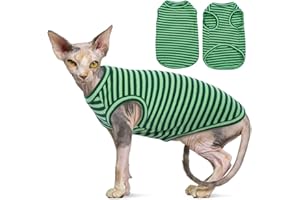 OUOBOB Sphynx Vêtements pour chat, T-shirts respirants sans poils pour chat, t-shirts à rayures sans manches, pull-over pour chat, vêtements d'été pour animaux de compagnie pour Sphynx, Cornish Rex,