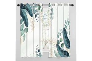 Gardinen Eukalyptus, Uiiooazy Vorhang Grün Gold Blätter Pflanzen Schlafzimmer Vorhäng Blickdicht Schattierungsvorhänge Gardine Lichtundurchlässig Fenstervorhang für Wohnzimmer Balkon Fenster 140x225cm