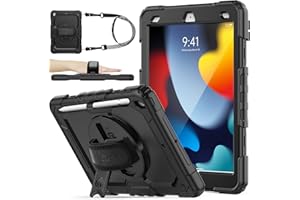 SEYMAC stock Case for iPad 9th/ 8th/ 7th Generation 10.2'', Shockproof Case with Screen Protector Pencil Holder [360° Rotating Hand Strap] & Stand, Case for iPad 10.2 inch 2021-2019, Black
