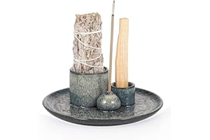 TYNTUH Soporte para Salvia 3 en 1 de Cerámica para Palo Santo, Salvia y Varillas de Incienso – Bandeja Artesanal Recoge Cenizas para Salas de Meditación (Verde)