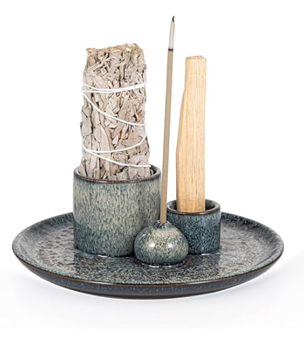 MrMrKura Porte-encens 4 En 1 En Céramique Pour Bâtons, Brûleur D'encens, Récupérateur De Cendres, Support De Sauge Palo Santo Pour Décoration D'intérieur, Méditation, Yoga (blanc