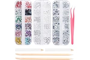 K KEIBY CITOM Nail Art Rhinestones and Nail Gems 3 Boxs, Flat Nail Crystals Clear Rhinestones Mix Sizes with 2 Rhinestone Picker Tool Pens, 2 Nail Wooden Sticks and 1 Pink Tweezer