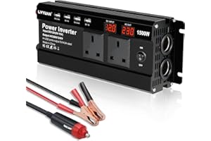 LVYUAN 1500W Power Inverter 12V to 240V AC Car Converter with 3.1A 4 USB 2 AC Sockets Dual Car Adapter With 2 LED Display - Black