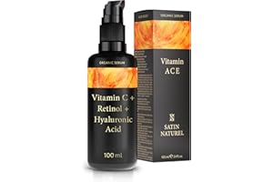 SATINNATUREL 100ml Siero Vitamina C + E + Acido Ialuronico Viso + Retinolo viso - Vegano - Crema Viso Antirughe, Idratante, Antimacchie, Antietà Pelle & Contorno Occhi - Maschera Viso Dermaroller - Satin Naturel