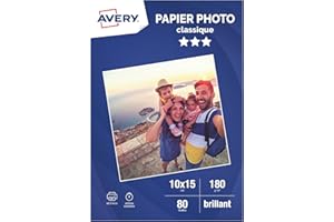 AVERY - 80 feuilles de papier photo 180g/m² brillant. Format 10 x 15 cm. Impression jet d'encre.
