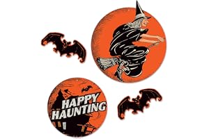 Beistle 00464 4 delar vintage halloween utskärningar retro spökhus, häxa och fladdermus inomhusdekorationer för hem och kontor, papper, svart/orange