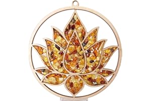 ‎YOUR CASTLE Fensterbild Fensterdeko Sonnenfänger groß Suncatcher Bernstein in Birkenholz Lotusblüte Ø 20, inkl. Saugnapfhaken 35mm