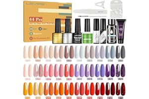 SOUREPOSE 44Pcs Vernis Semi Permanents, 30 Couleurs Lot Vernis Gel UV Semi-Permanent + 1 Base + 1 Top Coat Brillant + 1 Mat + 2 Liner Gel Noir Blanc + 2 Dissolvants + 1 Kit d'Extension d'Ongles Gel