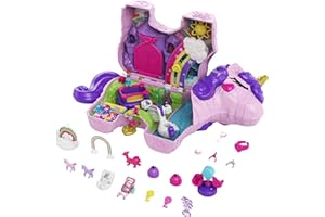 Polly Pocket Jednorożec niespodzianka Duży zestaw kompaktowy z mikrolalkami Polly i Lila, 25 niespodziankami i akcesoriami do zabawy na przyjęciu księżniczek, dla dzieci od 4 roku życia, GVL88