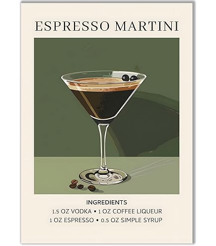 Toile Murale Colorée Cocktail Classique Expresso, Martini, Café, Liqueur – œuvre D'art Encadrée Prête à être Accrochée Pour Décoration Murale D'intérieur, Bar, Cuisine – 38,1 X 30,5 Cm