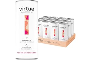 Virtue Yerba Mate – Boisson Énergisante Naturelle – Sans Sucre, Sans Calories, Végétalien, Sans gluten, Cétogène, Vitamine B | Lot de 12x250ml (Pêche et Framboise)