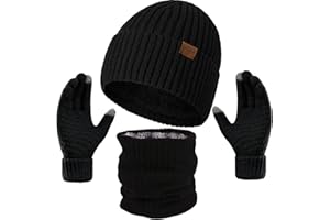 Saier tbo Mens Thermal Beanie Hats Scarf Gloves Set, 3 in 1 Winter Warm Fleece Lined Knitted Hat Touchscreen Mittens Neck Warmer Snoods for Women Adults Sports Outdoor