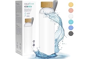 Aquafloow Flacons d'eau Transparents, Brosilicate Étui en Néoprène 700 ml, Bouteille d'eau en Verre avec Couvercle en Bambou, Sans BPA | Idéale pour Le Bureau, L'école, La Maison – Blanc
