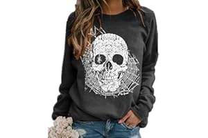 KEWING Sudadera de Manga Larga con Calavera de araña de Halloween para Mujer, Camiseta con Estampado gráfico, Camisetas Casuales con Cuello Redondo, Jersey