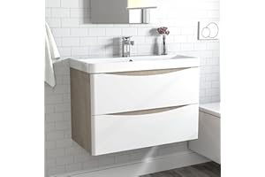 Acezanble 800mm Bathroom Vanity Unit Sink Wall Mounted, Oak Body + 2 White Drawers