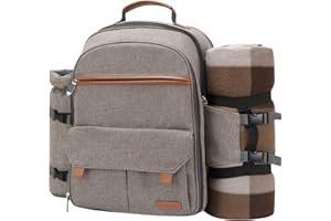 Sunflora Sac à Dos Pique Nique 4 Personnes Deluxe avec Poche Sac Pique-Nique Isotherme Panier Pique Nique avec Vaisselle et Couverture pour Camping Familial pelouse(Beige)