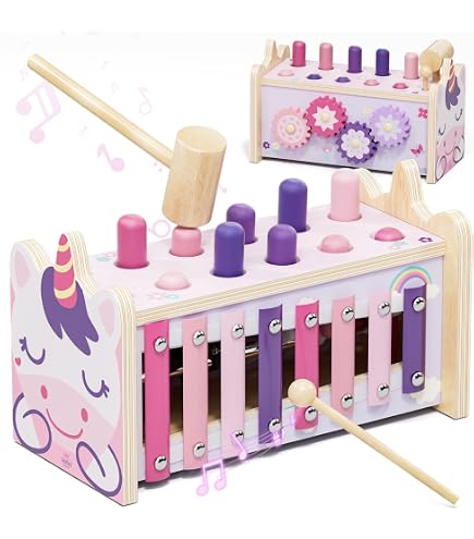 NUKied Montessori Marteau en Bois Jouet,Jouet éducatif en Bois pour Marteler ,Frapper et Tirer,Xylophone,Cadeau pour Les Garçons et Filles de 1 2 3 4 Ans