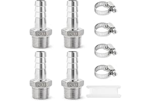 Josaton 4 Pcs Barb Hose Fitting, Stainless Steel 1/2” Male x 13mm Barb, Hose Barb Connector with Hose Clamp 4 Set Barb Pipe Fitting for Air Water Fuel