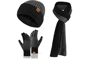 QKURT Men’s Beanie Gloves Scarf Set, 3 in 1 Winter Thermal Hat Gloves Neck Warmer Set Thick Fleece Touchscreen Glove Knitted Cap Cold Weather Accessories Sets for Men Women