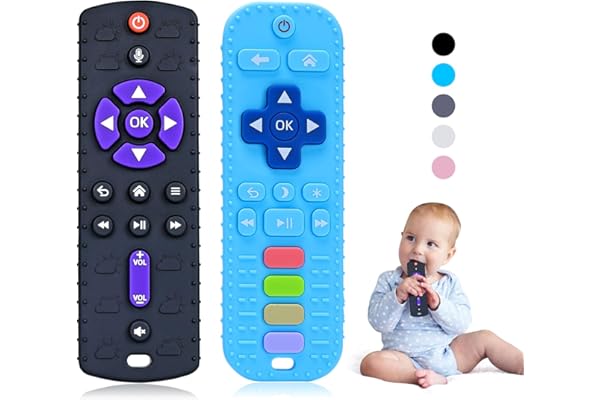 2 Pièces Telecommande Bebe, Silicone Jouet Bebe 9 Mois avec Attache-sucette, Jouet Dentition Bébé, Anneau Dentition Bebe pour 0-12 Mois, Jeux Sensoriel Bebe de Qualité Alimentaire, Noir & Bleu