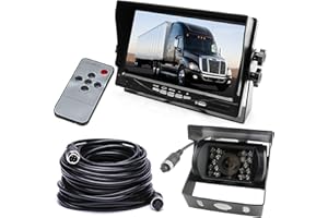 HUACANG DC 12-24V Vehicle Backup Camera Monitor System, Waterproof 18LEDs Night Vision Reversing Reverse Rear View Camera with 15M 4 Pin Aviation Cable +7" TFT LCD Car Monitor for Large Truck Bus RV Trailer