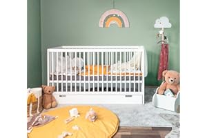 Alcube® Toni Lit de bébé évolutif 70x140 cm en hêtre de Haute qualité, avec barreaux Amovibles et Matelas avec tiroir - Blanc