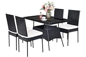 RELAX4LIFE 5-Piece Outdoor Dining Set, Rattan Garden Furniture Set Dining Table & Chair Set with Glass Tabletop and Removable Cushions, 4 Seater Wicker Dining Set for Patio Backyard Poolside