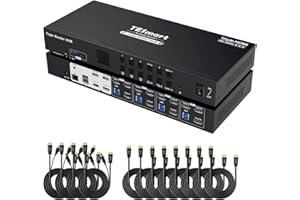 TESmart USB 3.0 HDMI KVM Switch 3 Moniteurs 4 PC, Commutateur KVM 4K60Hz avec Émulateurs EDID, Hotkey Switch, Casque, Audio et Microphone, KVM Switches 4 Ports Câbles Inclus