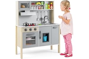 Maxmass Wooden Kids Play Kitchen, Toddler Role-play Cooking Playset with Ice Maker, Cookware Utensils, Cuttable Fruits, Range Hood, Children Pretend Kitchen for Boys Girls (Grey)