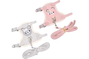 DAELESR Juego de arnés y correa ajustable para mascotas, chaleco acolchado suave transpirable con clip, correa de 120 cm para entrenamiento de paseo de conejito y gato pequeño (S, gris rosa)