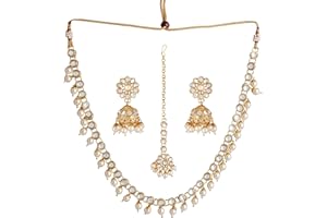 Jwellmart Gold Polish Faux Kundan Bridal Wedding Choker Necklace Earrings Tika Combo Set Bollywood Party Traditional Fashion Indian Jewelry Jewellery Set for Women, Stone
