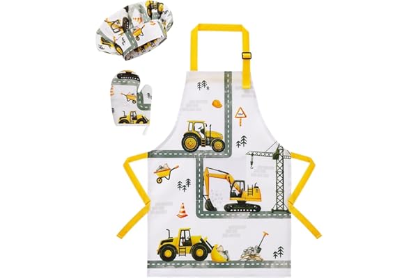 WERNNSAI Camion Tablier Ensemble pour Garçons -Imperméables Tablier de Cuisine Enfants Réglable avec Chapeau, Gant de Cuisine pour Enfant Peinture Jardinage (Très Petit,2-5 Ans)